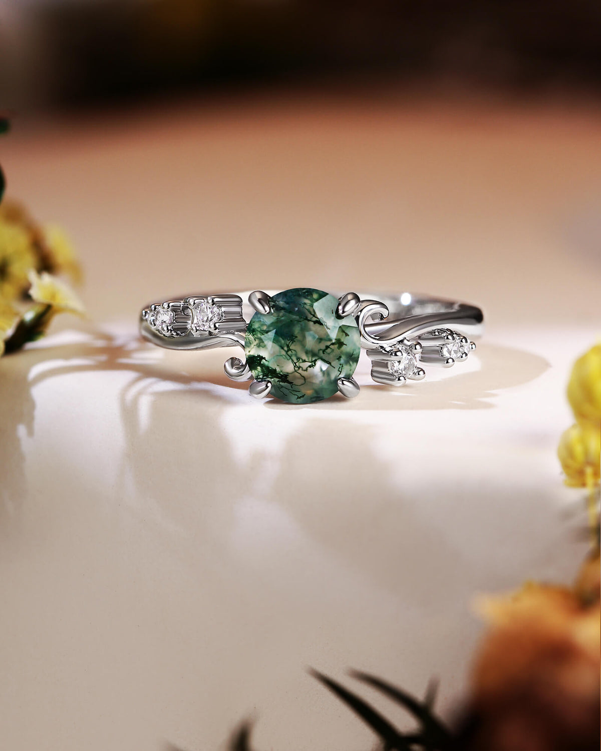ARIEL Round Shaped Vine Moss Agate Engagement Ring