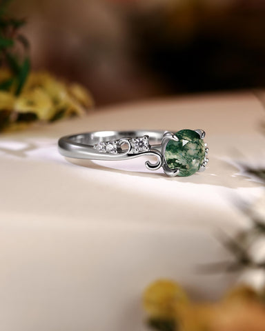 ARIEL Round Shaped Vine Moss Agate Engagement Ring