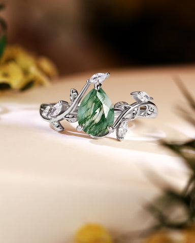 DALE Nature Inspired Pear Cut Moss Agate Leafy Ring
