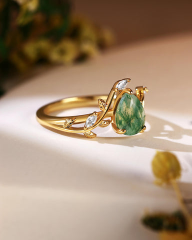 DALE Nature Inspired Pear Cut Moss Agate Leafy Ring