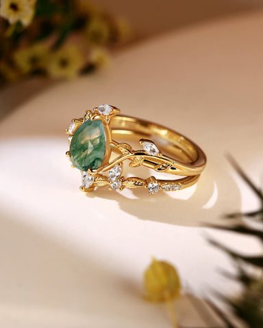 EVELYN Moss Agate Pear Cut Vine Engagement Ring Set