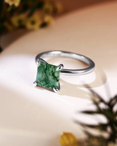 RHEA Princess Cut Moss Agate Solitaire Engagement Ring