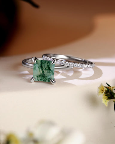 AADHYA Princess Cut Natural Moss Agate Solitaire Wedding Bridal Ring