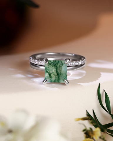 AADHYA Princess Cut Natural Moss Agate Solitaire Wedding Bridal Ring