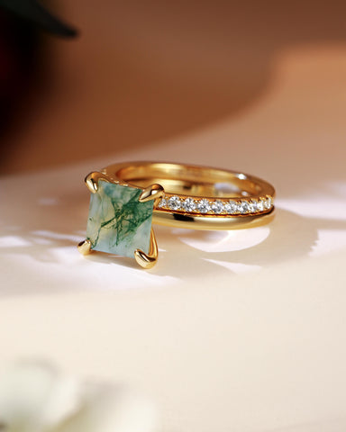 AADHYA Princess Cut Natural Moss Agate Solitaire Wedding Bridal Ring
