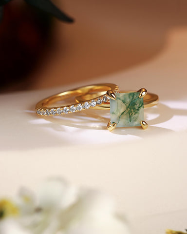 AADHYA Princess Cut Natural Moss Agate Solitaire Wedding Bridal Ring