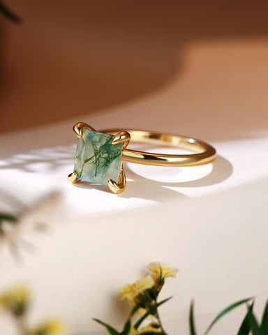 RHEA Princess Cut Moss Agate Solitaire Engagement Ring