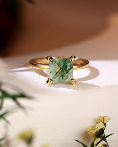 RHEA Princess Cut Moss Agate Solitaire Engagement Ring