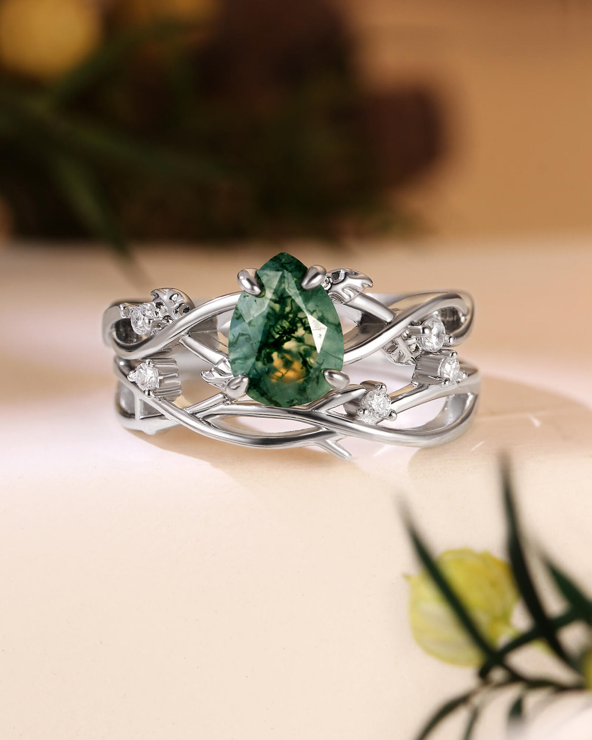 MABEL Nature Inspired Pear Cut Moss Agate Leaf Twist Bridal set 2pcs