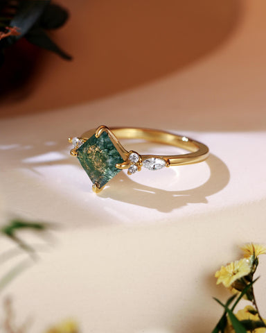 JUDITH Princess Cut Moss Agate Three Stone Engagement Ring