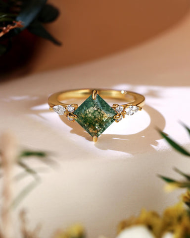 JUDITH Princess Cut Moss Agate Three Stone Engagement Ring