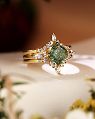 FAITH Green Moss Agate Princess Cut Engagement Ring Set 3pcs