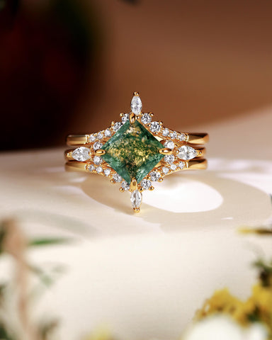 FAITH Green Moss Agate Princess Cut Engagement Ring Set 3pcs