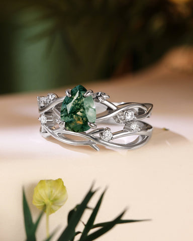 MABEL Nature Inspired Pear Cut Moss Agate Leaf Twist Bridal set 2pcs