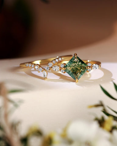 FAITH Green Moss Agate Princess Cut Engagement Ring Set 3pcs