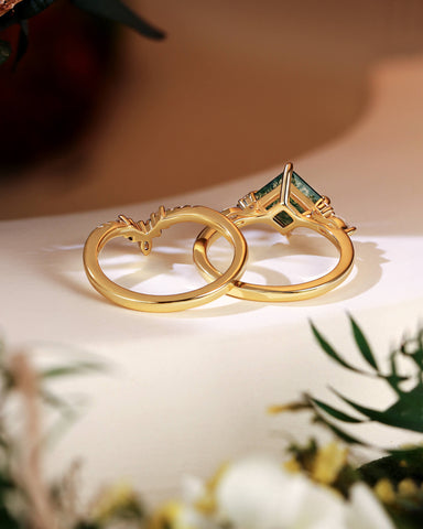 FAITH Green Moss Agate Princess Cut Engagement Ring Set 3pcs