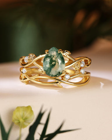 MABEL Nature Inspired Pear Cut Moss Agate Leaf Twist Bridal set 2pcs