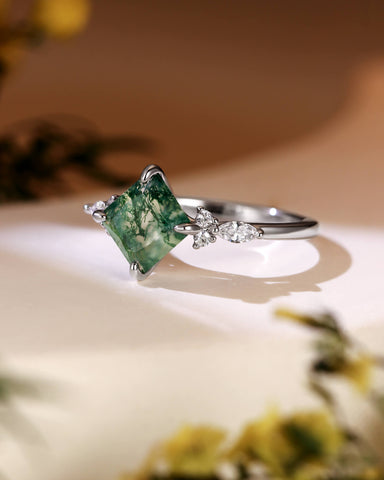 JUDITH Princess Cut Moss Agate Three Stone Engagement Ring