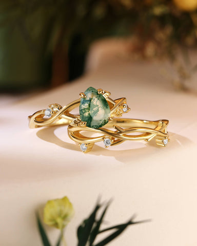 MABEL Nature Inspired Pear Cut Moss Agate Leaf Twist Bridal set 2pcs
