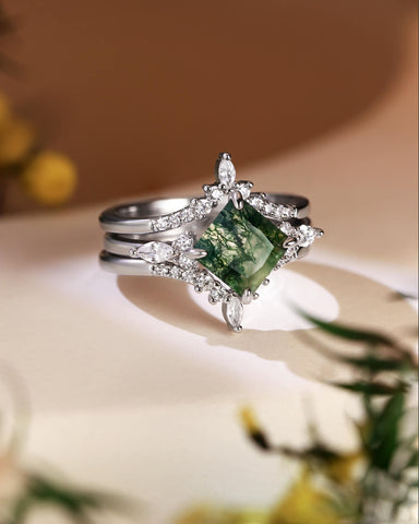 FAITH Green Moss Agate Princess Cut Engagement Ring Set 3pcs