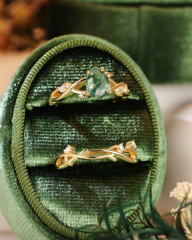 MABEL Nature Inspired Pear Cut Moss Agate Leaf Twist Bridal set 2pcs