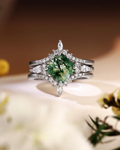 FAITH Green Moss Agate Princess Cut Engagement Ring Set 3pcs