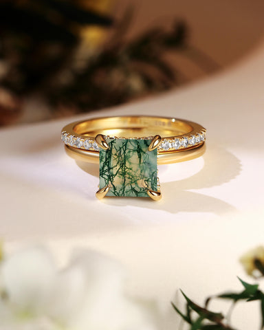 VERGER Princess Cut Green Moss Agate Engagement Ring Set