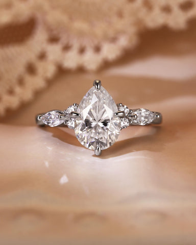 ORLENA Vintage Three Stone Pear Cut Moissanite Engagement Ring