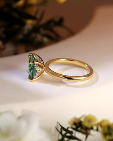 ANN Petal Basket Princess Cut Moss Agate Solitaire Engagement Ring