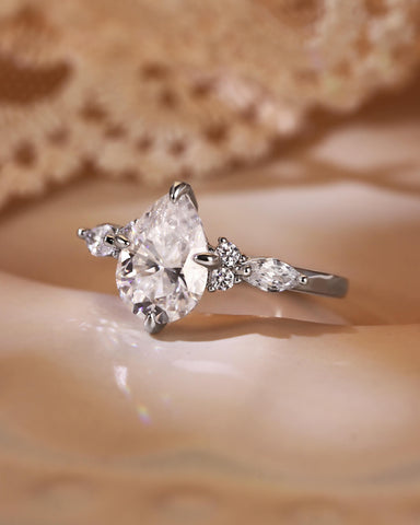 ORLENA Vintage Three Stone Pear Cut Moissanite Engagement Ring