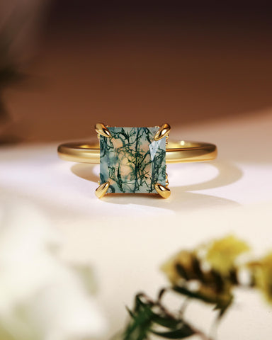 ANN Petal Basket Princess Cut Moss Agate Solitaire Engagement Ring