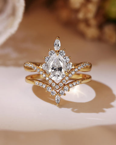 ISABELLA Twisted Pear Halo Cluster Bridal Ring Set 2pcs