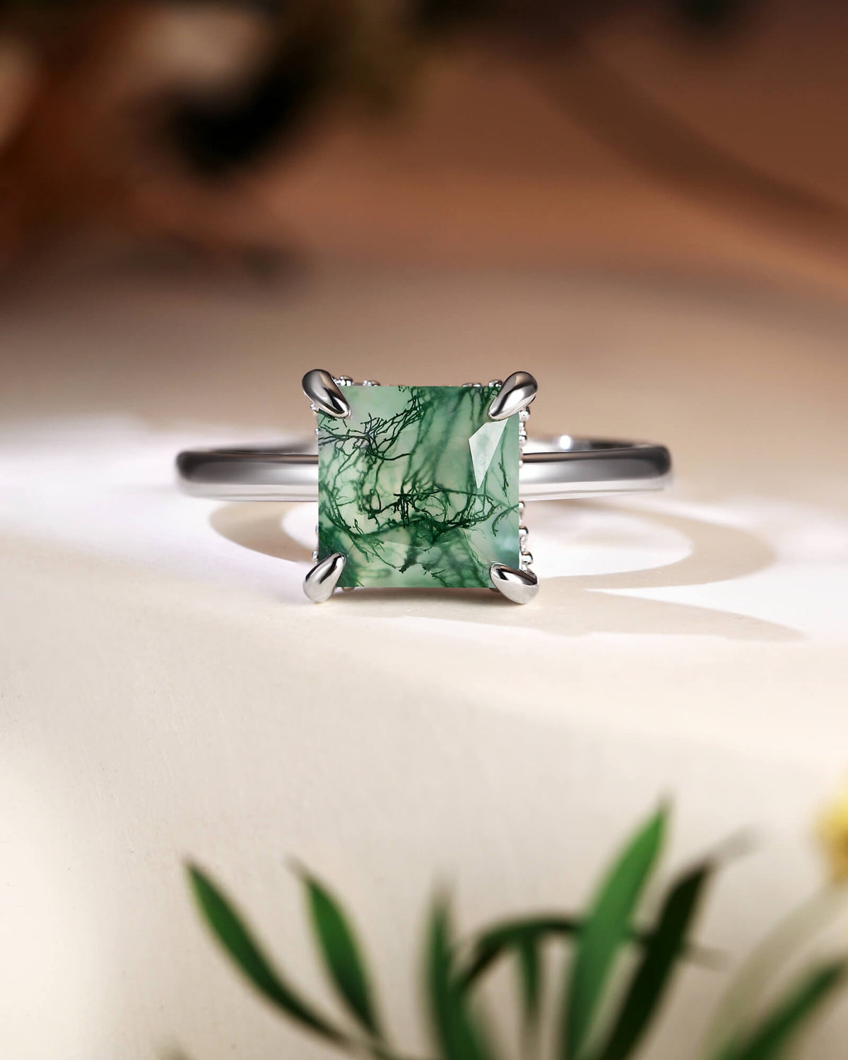 ANN Petal Basket Princess Cut Moss Agate Solitaire Engagement Ring