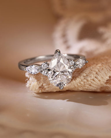 ORLENA Vintage Three Stone Pear Cut Moissanite Engagement Ring