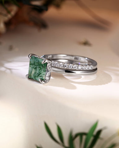 VERGER Princess Cut Green Moss Agate Engagement Ring Set