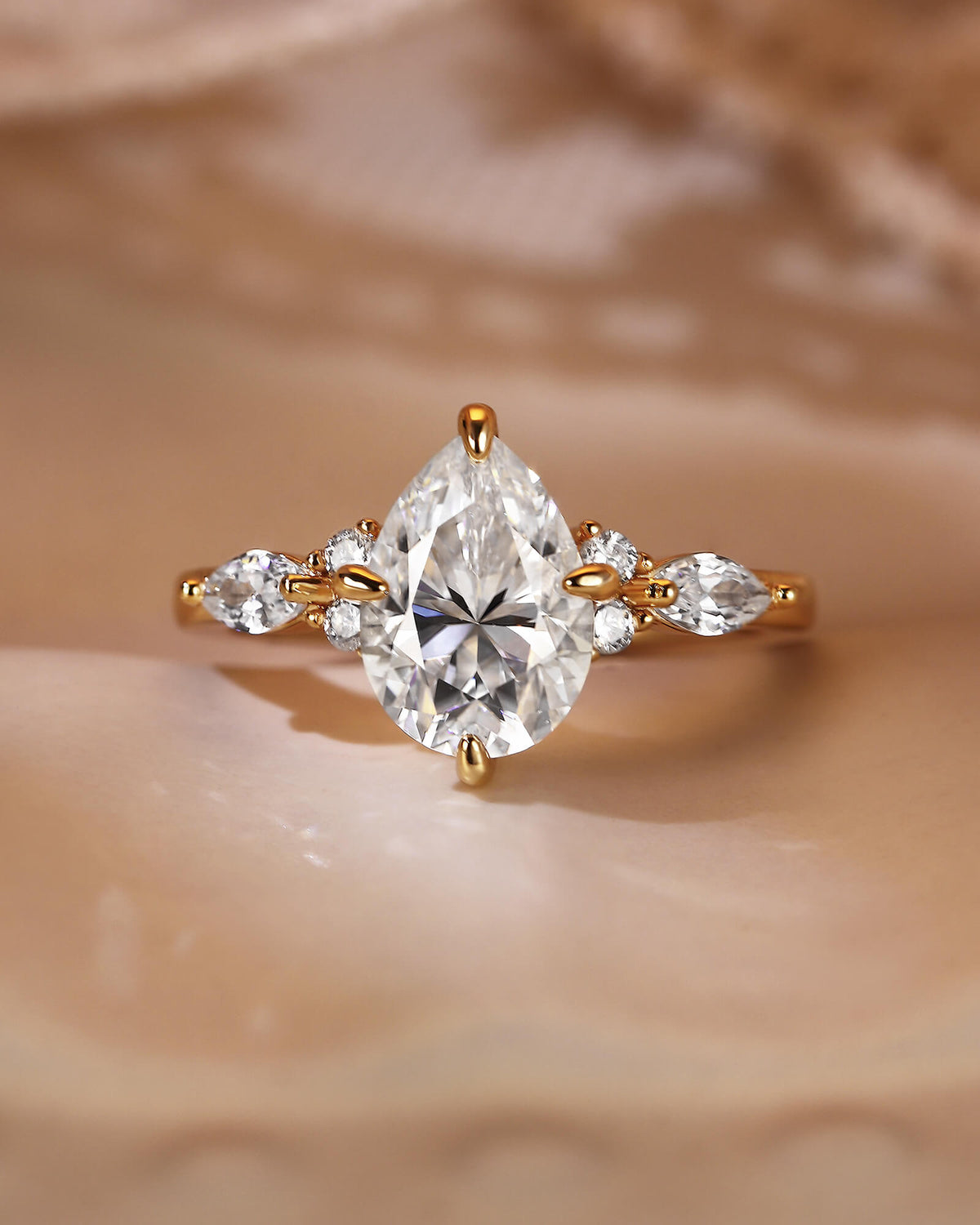 ORLENA Vintage Three Stone Pear Cut Moissanite Engagement Ring
