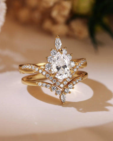 ISABELLA Twisted Pear Halo Cluster Bridal Ring Set 2pcs