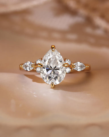 ORLENA Vintage Three Stone Pear Cut Moissanite Engagement Ring