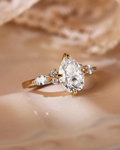 ORLENA Vintage Three Stone Pear Cut Moissanite Engagement Ring