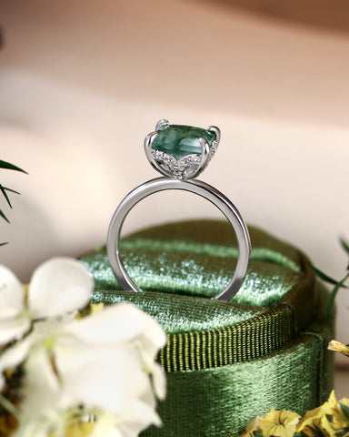 ANN Petal Basket Princess Cut Moss Agate Solitaire Engagement Ring