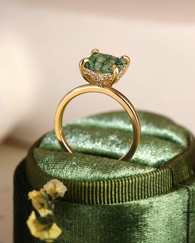 ANN Petal Basket Princess Cut Moss Agate Solitaire Engagement Ring