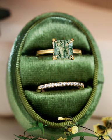 VERGER Princess Cut Green Moss Agate Engagement Ring Set