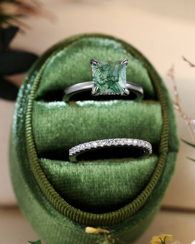 VERGER Princess Cut Green Moss Agate Engagement Ring Set