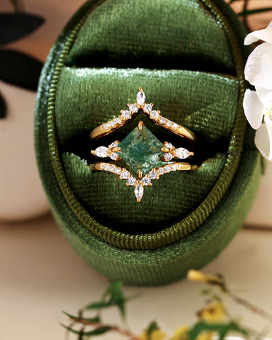 FAITH Green Moss Agate Princess Cut Engagement Ring Set 3pcs