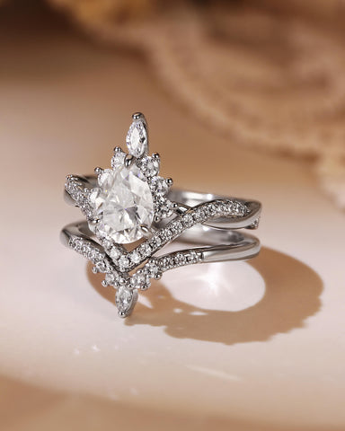 ISABELLA Twisted Pear Halo Cluster Bridal Ring Set 2pcs