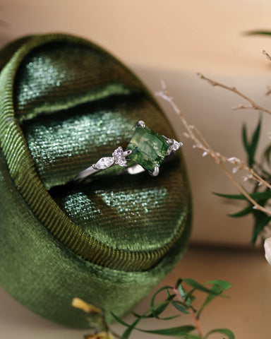 JUDITH Princess Cut Moss Agate Three Stone Engagement Ring