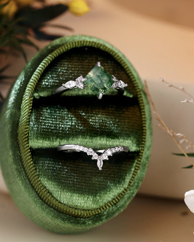 FAITH Green Moss Agate Princess Cut Engagement Ring Set 3pcs