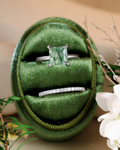 AADHYA Princess Cut Natural Moss Agate Solitaire Wedding Bridal Ring