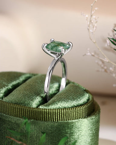 RHEA Princess Cut Moss Agate Solitaire Engagement Ring