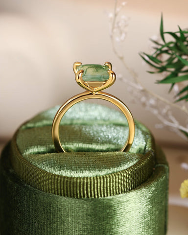 RHEA Princess Cut Moss Agate Solitaire Engagement Ring